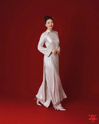 Áo dài Ngân Khôi, Quần Ánh Khôi & Quần Ngân Khôi – áo dài cách tân sắc bạc, tác phẩm thủ công của La Hằng Design, Hà Nội