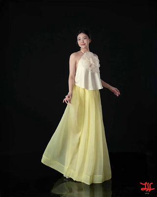 Mẫu yếm Áo yếm Đào Hoa, Váy Bánh Gạo vàng, Khăn Bạch Nguyệt sắc be đồng bộ áo dài, La Hằng Design, Hà Nội