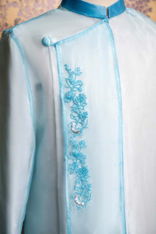 Phiến Châu và Khoác Nhật Lam & Áo taffeta trắng và Khoác Lam Thành - Áo Dài La Hằng Design