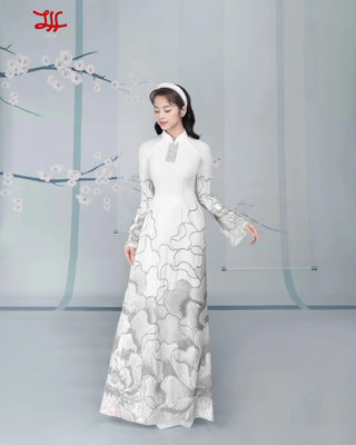 Chi tiết áo dài cô dâu Mẫu Đơn Đại Đoá họa tiết hoa trên nền trắng của nhà may áo dài La Hằng