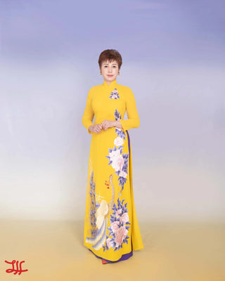 Áo dài sui gia Công Trống Đồng họa tiết hoa, thiết kế riêng bởi nhà may La Hằng Design