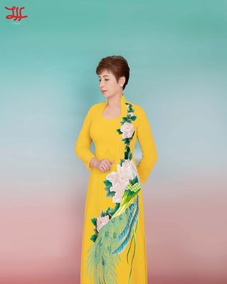 Chi tiết áo dài phụ huynh cô dâu chú rể Công Chuối họa tiết hoa của La Hằng Design, Hà Nội